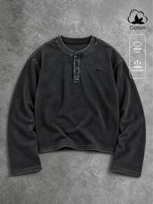 PAVTROS 男士可追溯棉質水洗做舊亨利領刺繡長袖T恤，美式復古寬鬆休閒純色打底衫，修身簡約風格，高級街頭風，日常通勤，實用百搭上衣，節日禮物，哥德風 - 黑色 - 查看 2