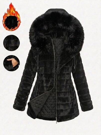 SHEIN LUNE Plus Size Women Solid Color Long Sleeve Zipper Front Hooded Faux Fur Jacket Night Out Going Out Black Winter Elegant