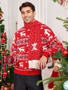 Manfinity RelaxMax [Excl. Baby & Kids]Christmas Family Men's Reindeer Pattern Long Sleeve Crew Neck Sweater Matching Family Family Matching Red And Black Fall Retro 80s - Red - View 3