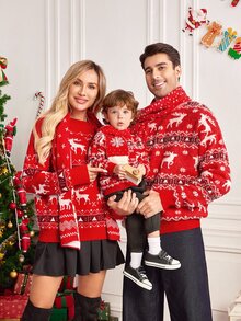 Manfinity RelaxMax [Excl. Baby & Kids]Christmas Family Men's Reindeer Pattern Long Sleeve Crew Neck Sweater Matching Family Family Matching Red And Black Fall Retro 80s - Red - View 1