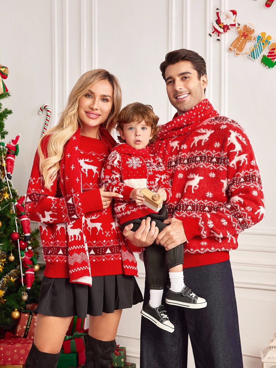 Manfinity RelaxMax [Excl. Baby & Kids]Christmas Family Men's Reindeer Pattern Long Sleeve Crew Neck Sweater Matching Family Family Matching Red And Black Fall Retro 80s - Red - View 1