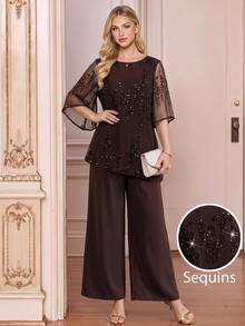 Amorya Women's Sequin Mesh Short Sleeve Top And Wide Leg Pants Elegant 2 Pieces Set - Brown - View 2