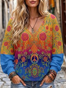 INAWLY Bohemian Long Sleeve Top! Gradient Floral Print Paired With Classic Peace Sign, Contrast Blue Sleeve Patchwork Design, Deep V-Neck Half-Button Front, Loose Drop Shoulder Fit, Comfortable And Flattering - Multicolor - View 1