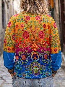 INAWLY Bohemian Long Sleeve Top! Gradient Floral Print Paired With Classic Peace Sign, Contrast Blue Sleeve Patchwork Design, Deep V-Neck Half-Button Front, Loose Drop Shoulder Fit, Comfortable And Flattering - Multicolor - View 2