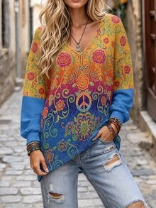 INAWLY Bohemian Long Sleeve Top! Gradient Floral Print Paired With Classic Peace Sign, Contrast Blue Sleeve Patchwork Design, Deep V-Neck Half-Button Front, Loose Drop Shoulder Fit, Comfortable And Flattering - Multicolor - View 3
