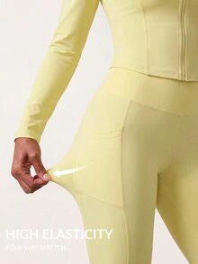 Zivah Women Gym Set Zipper Long Sleeve Jacket And Long Pants With Pockets Pale Yellow Workout Activewear Autumn Winter Modest Athleisure - Yellow - View 5