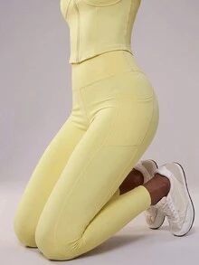 Zivah Women Gym Set Zipper Long Sleeve Jacket And Long Pants With Pockets Pale Yellow Workout Activewear Autumn Winter Modest Athleisure - Yellow - View 11