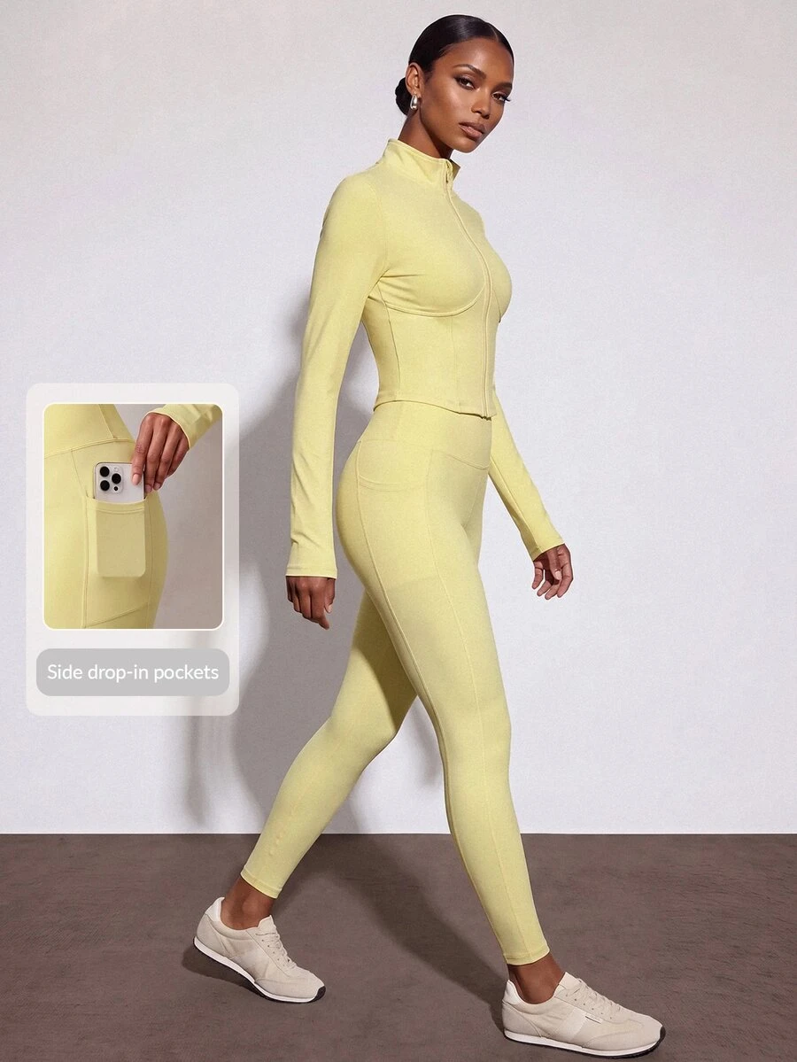 Zivah Women Gym Set Zipper Long Sleeve Jacket And Long Pants With Pockets Pale Yellow Workout Activewear Autumn Winter Modest Athleisure