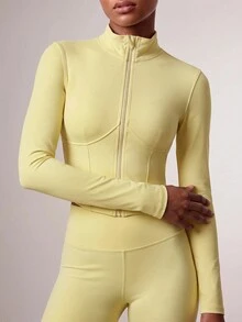 Zivah Women Gym Set Zipper Long Sleeve Jacket And Long Pants With Pockets Pale Yellow Workout Activewear Autumn Winter Modest Athleisure - Yellow - View 4