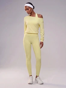 Zivah Women Gym Set 3Pcs Yellow Sports Bra Leggings Halter Long Sleeve Top Removable Pads Tummy Control Workout Fall All Season Active - Yellow - View 6
