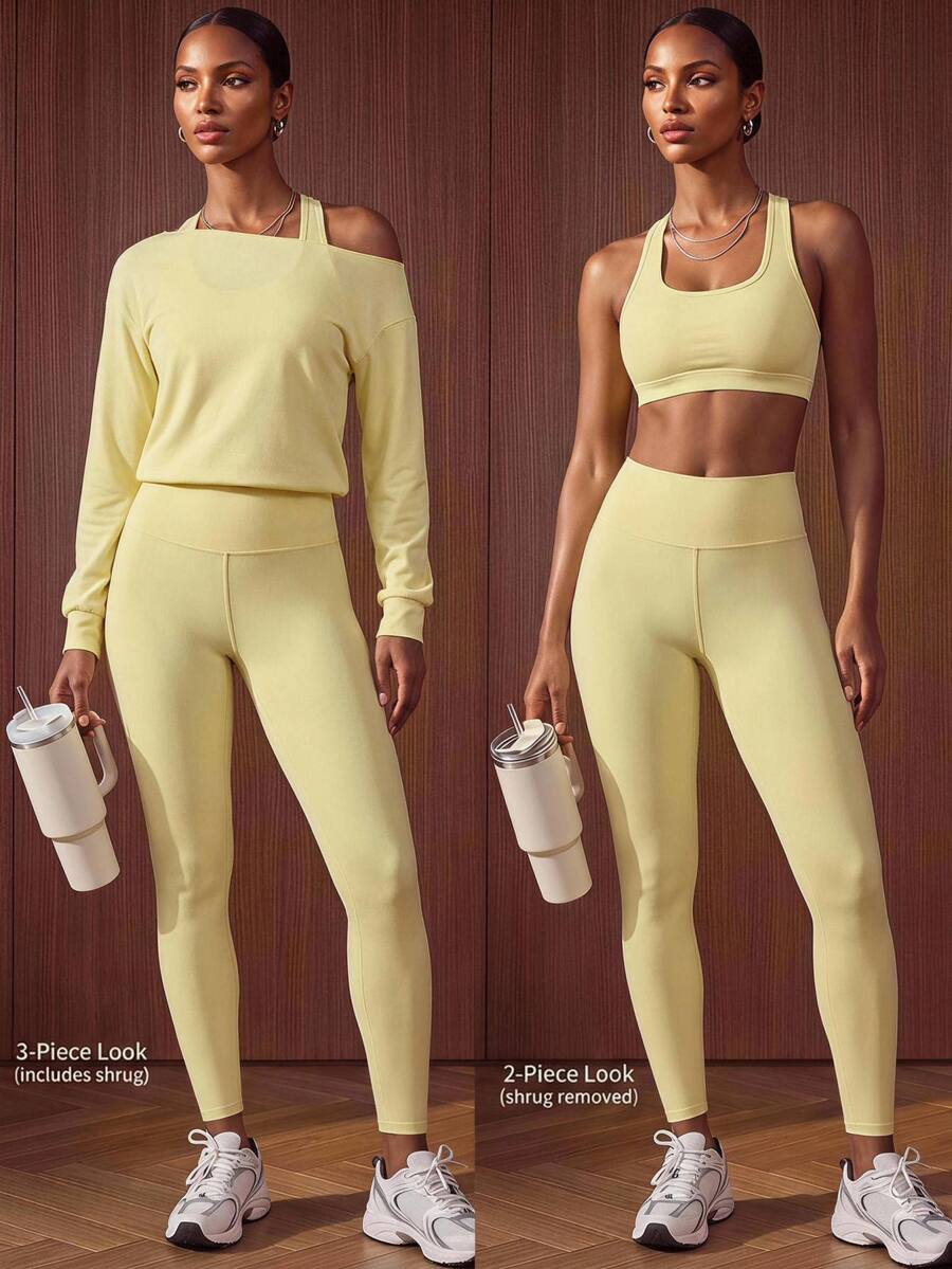 Zivah Women Gym Set 3Pcs Yellow Sports Bra Leggings Halter Long Sleeve Top Removable Pads Tummy Control Workout Fall All Season Active - Yellow - View 1