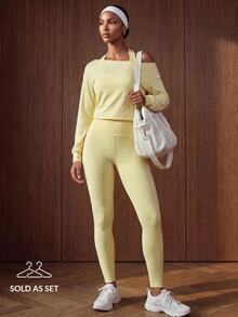 Zivah Women Gym Set 3Pcs Yellow Sports Bra Leggings Halter Long Sleeve Top Removable Pads Tummy Control Workout Fall All Season Active - Yellow - View 2