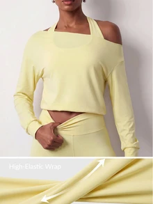 Zivah Women Gym Set 3Pcs Yellow Sports Bra Leggings Halter Long Sleeve Top Removable Pads Tummy Control Workout Fall All Season Active - Yellow - View 3