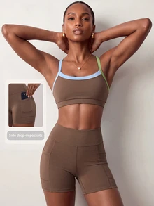 Zivah Women Gym Set High Support Sports Bra Pocket Shorts Brown Blue Green Contrast Tummy Control Workout Fall Squat Proof Active Pilates - Multicolor - View 2