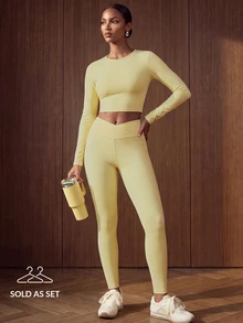 Zivah 女款運動套裝 長袖極簡上衣搭配交叉腰褲 健身運動服 秋季瑜伽皮拉提斯運動裝 - 黃色 - 查看 3