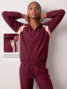 Zivah Women Gym Set Zip Up Hooded Jacket Wide Leg Pocket Pants Wine Red Light Pink Contrast Athleisure Sporty Athletic Workout Fall Active - Burgundy - View 5