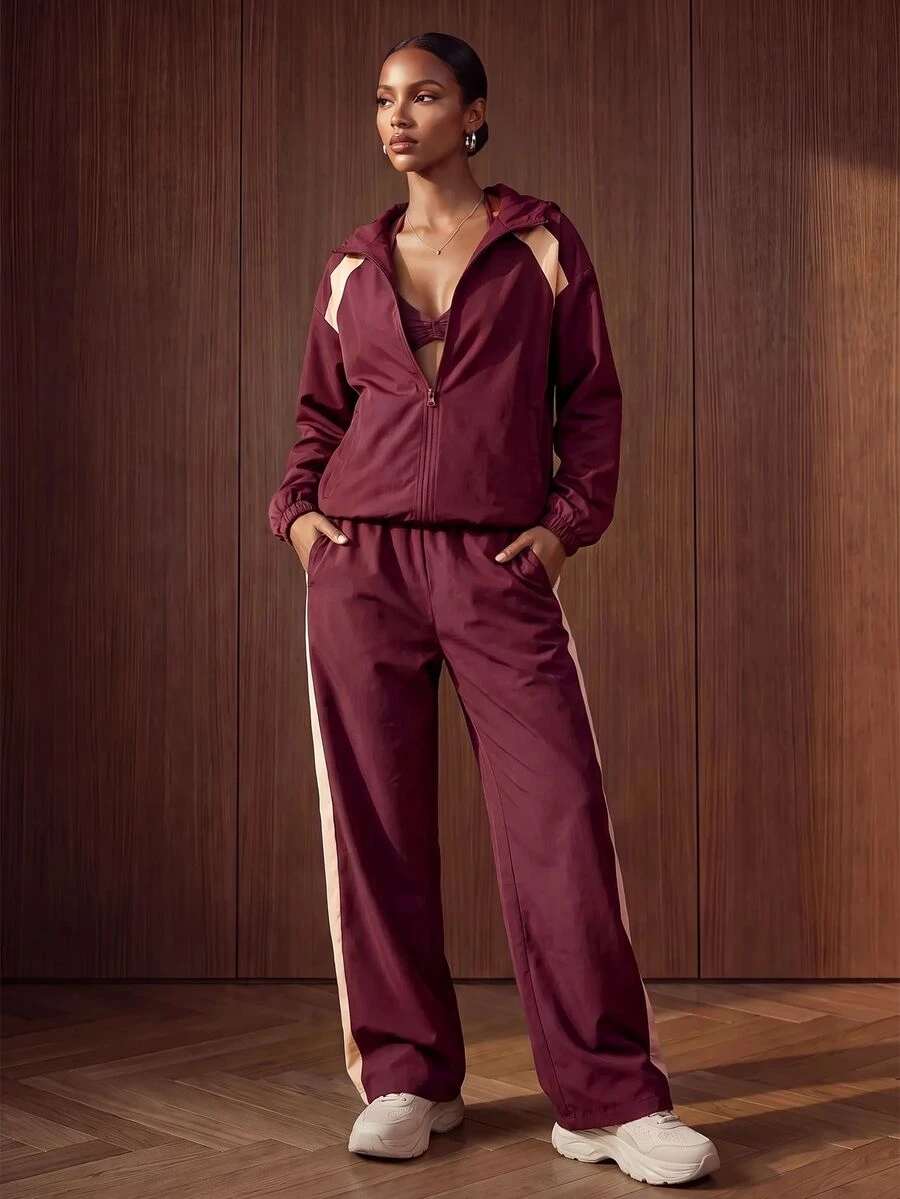 Zivah Women Gym Set Zip Up Hooded Jacket Wide Leg Pocket Pants Wine Red Light Pink Contrast Athleisure Sporty Athletic Workout Fall Active
