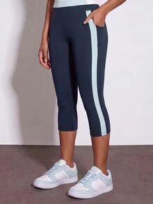Zivah Women Gym Set Sports Tank Capri Leggings White Light Blue Navy Contrast High Waist Pocket Tummy Control Workout Fall Squat Proof - Multicolor - View 9