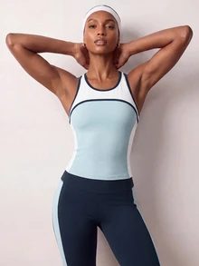 Zivah Women Gym Set Sports Tank Capri Leggings White Light Blue Navy Contrast High Waist Pocket Tummy Control Workout Fall Squat Proof - Multicolor - View 13