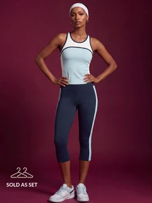 Zivah Women Gym Set Sports Tank Capri Leggings White Light Blue Navy Contrast High Waist Pocket Tummy Control Workout Fall Squat Proof - Multicolor - View 3