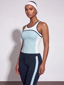 Zivah Women Gym Set Sports Tank Capri Leggings White Light Blue Navy Contrast High Waist Pocket Tummy Control Workout Fall Squat Proof - Multicolor - View 7