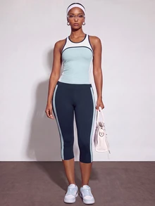 Zivah Women Gym Set Sports Tank Capri Leggings White Light Blue Navy Contrast High Waist Pocket Tummy Control Workout Fall Squat Proof - Multicolor - View 12