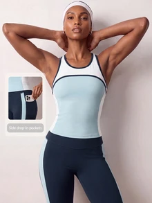 Zivah Women Gym Set Sports Tank Capri Leggings White Light Blue Navy Contrast High Waist Pocket Tummy Control Workout Fall Squat Proof - Multicolor - View 5