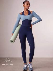 Zivah 女款運動套裝 長袖拼色上衣與抓皺長褲 深藍色 健身運動瑜伽皮拉提斯運動服 秋冬休閒運動風 - 彩色 - 查看 2