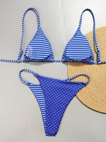 SHEIN Swim 2pcs/Set Women's Reversible Striped & Polka Dot Print Casual Bikini Swimwear Set - Blue - View 2
