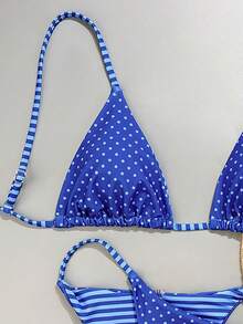 SHEIN Swim 2pcs/Set Women's Reversible Striped & Polka Dot Print Casual Bikini Swimwear Set - Blue - View 6