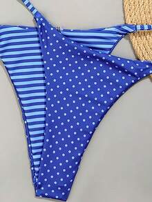 SHEIN Swim 2pcs/Set Women's Reversible Striped & Polka Dot Print Casual Bikini Swimwear Set - Blue - View 9