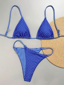 SHEIN Swim 2pcs/Set Women's Reversible Striped & Polka Dot Print Casual Bikini Swimwear Set - Blue - View 8