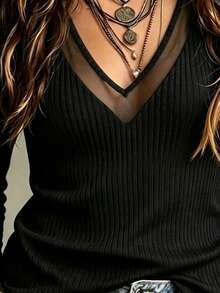 Ceyna Plus Size Autumn/Winter Brushed Ribbed Fabric V-Neck Mesh Sexy Long Sleeve Women T-Shirt Fall - Black - View 4