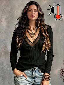 Ceyna Plus Size Autumn/Winter Brushed Ribbed Fabric V-Neck Mesh Sexy Long Sleeve Women T-Shirt Fall - Black - View 1