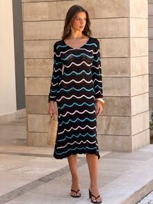 Sindi Myftari Casual Vacation Style Wave Pattern Hollow Out Flare Sleeve Women Knit Dress - Multicolor - View 3