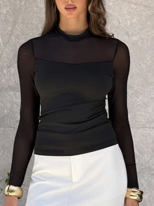Sindi Myftari Women's Elegant Solid Color Elastic Fitted Sheer Splice Long Sleeve Top, Autumn/Winter - Black - View 3
