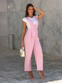 Sindi Myftari Women's Light Pink Bamboo Fiber Jumpsuit,Summer Elegant Office Professional Uniform,Sleeveless Pearl Button Wide Leg Pants Set With Pockets - Pink - View 3