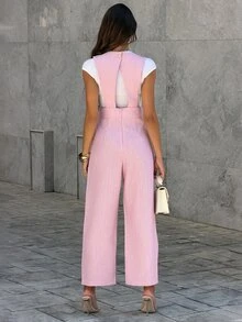 Sindi Myftari Women's Light Pink Bamboo Fiber Jumpsuit,Summer Elegant Office Professional Uniform,Sleeveless Pearl Button Wide Leg Pants Set With Pockets - Pink - View 2