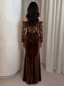 Modelyn New Women's Off-Shoulder Knit Silk Contrast Lace Elegant Sexy Ruched Mermaid Hem Long Dress Velvet Brown Vintage Leopard Print Fall/Winter Party - Brown - View 3