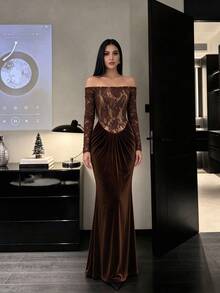 Modelyn New Women's Off-Shoulder Knit Silk Contrast Lace Elegant Sexy Ruched Mermaid Hem Long Dress Velvet Brown Vintage Leopard Print Fall/Winter Party - Brown - View 7