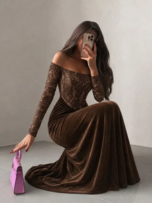 Modelyn New Women's Off-Shoulder Knit Silk Contrast Lace Elegant Sexy Ruched Mermaid Hem Long Dress Velvet Brown Vintage Leopard Print Fall/Winter Party - Brown - View 2