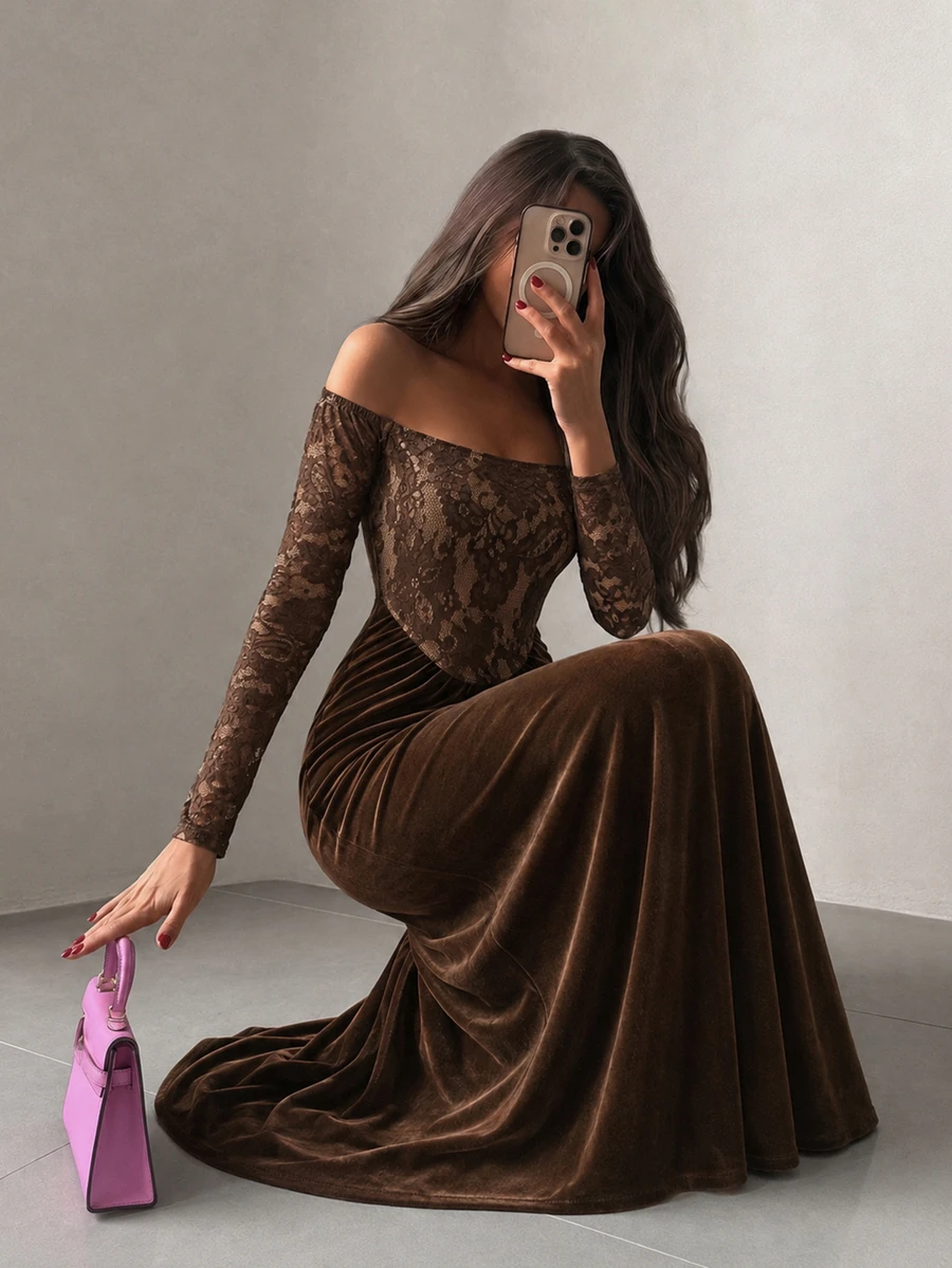 Modelyn New Women's Off-Shoulder Knit Silk Contrast Lace Elegant Sexy Ruched Mermaid Hem Long Dress Velvet Brown Vintage Leopard Print Fall/Winter Party