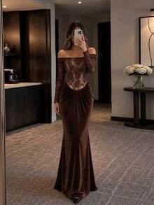 Modelyn New Women's Off-Shoulder Knit Silk Contrast Lace Elegant Sexy Ruched Mermaid Hem Long Dress Velvet Brown Vintage Leopard Print Fall/Winter Party - Brown - View 6