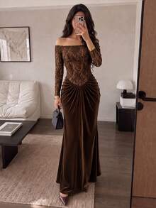 Modelyn New Women's Off-Shoulder Knit Silk Contrast Lace Elegant Sexy Ruched Mermaid Hem Long Dress Velvet Brown Vintage Leopard Print Fall/Winter Party - Brown - View 8