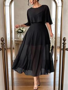 Elenzga Plus Size Women's Summer 2 In 1 Round Neck Short Sleeve Elegant Chiffon Casual Party Wedding Dress Fall - Black - View 3