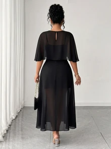 Elenzga Plus Size Women's Summer 2 In 1 Round Neck Short Sleeve Elegant Chiffon Casual Party Wedding Dress Fall - Black - View 2