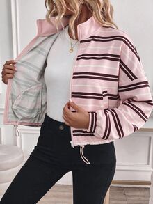 Easowa Women's Striped Colorblock Zipper Casual Athleisure Streetwear Athletic Versatile Everyday Long Sleeve Sweatshirt Party Travel Tops Autumn Pink Stripe - Pink - View 7