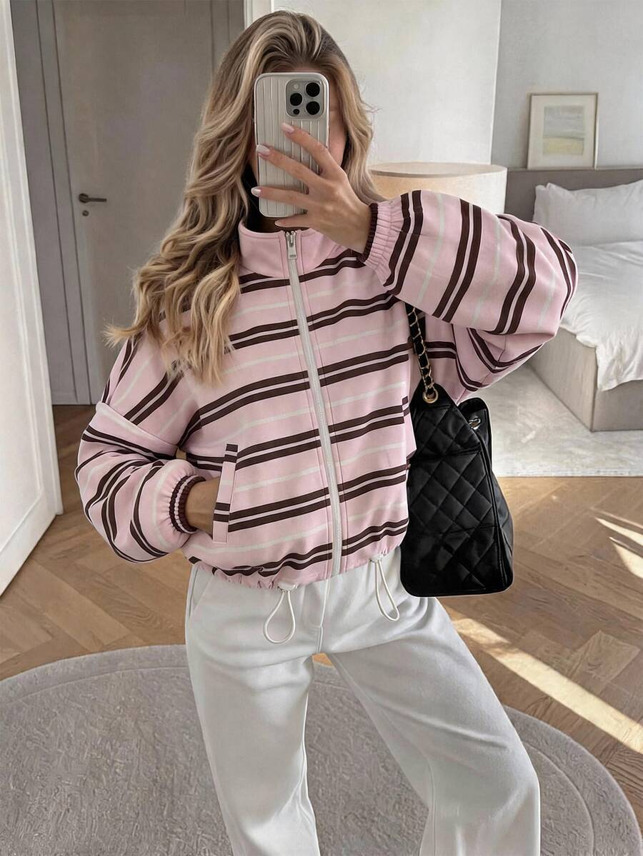 Easowa Women's Striped Colorblock Zipper Casual Athleisure Streetwear Athletic Versatile Everyday Long Sleeve Sweatshirt Party Travel Tops Autumn Pink Stripe