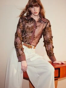 Arave Women's Blouse Slim Fit Lace Mesh Lapel Button Down Sheer All-Over Embroidery Elegant Brown Floral Women's Blouses Thanksgiving - Coffee Brown - View 4