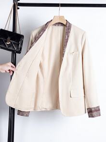 Rusticease Women's Elegant Casual Commuter Colorblock Patchwork Blazer Office Business Brown And White Polka Dot Fall - Khaki - View 3